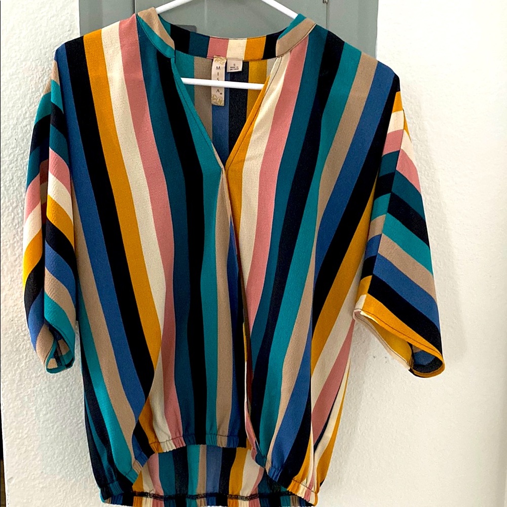 Misia Blue and Yellow Boxy Blouse with Mandarin Collar